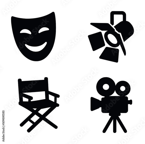 Theatrical arts icons: comedy mask, stage light, director chair, vintage film camera