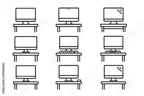 Computer on desk line icon set. Simple desktop monitor, PC, and workstation outline icons. Office workplace concept. Isolated vector pictogram collection for web, UI, UX.