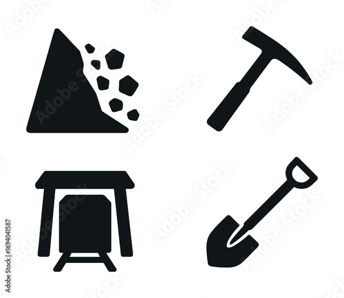 Mining tools and mountain rockfall icon set