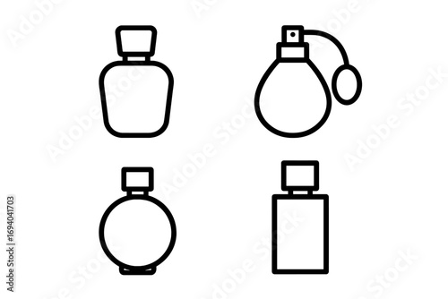 Perfume bottle line icon set. Vector symbols for fragrance, scent, cologne. Cosmetic container outline illustration. Beauty, glamour, and luxury product signs for web and apps.