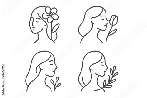 Minimalist woman logo with delicate floral elements, linear style vector illustration set featuring elegant female profiles with flowers and leaves, transparent background design