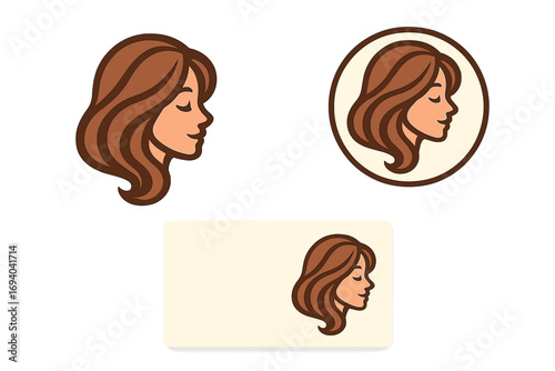 Elegant woman profile logo with flowing hair, hairstyle badge, beauty emblem, vector cartoon illustration, hair salon branding, feminine face icon set, business card design