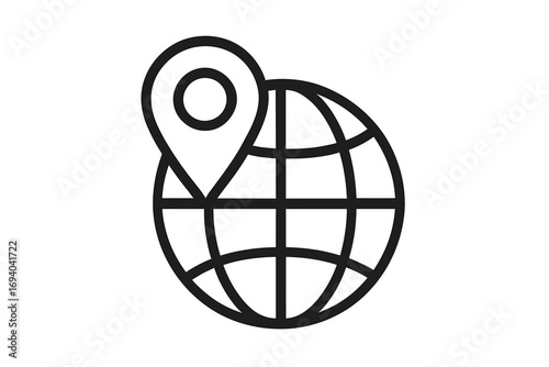 Globe outline with map pin icon, location marker symbol for web design, app interface, digital navigation, global positioning, travel, marketing, and advertising concepts, vector cartoon illustration