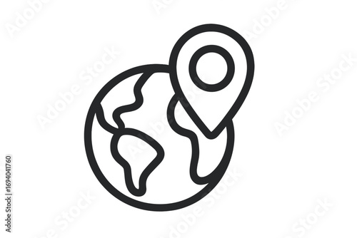 Location pin icon on Earth globe outline vector, global map marker symbol, navigation and geolocation concept, web and app design, digital world map, cartoon style