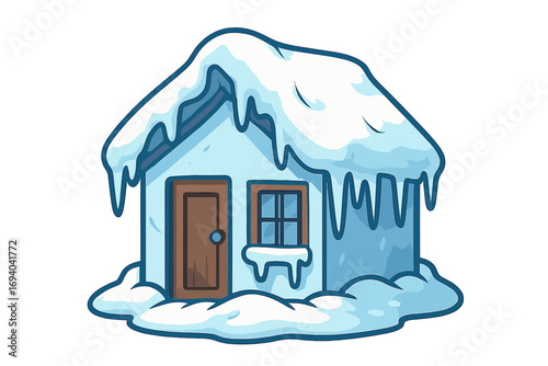 Frozen house icon vector illustration. Winter home covered in snow and ice. Cold season concept, freezing weather, blizzard. Cartoon building symbol for climate, temperature.