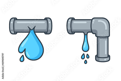 Minimalistic vector icon of broken pipe and water leak, cartoon style illustration with dripping water drops, plumbing concept, water waste symbol, transparent background