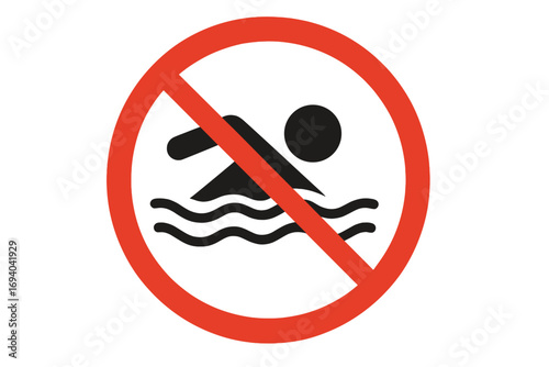 No swimming sign. Prohibition symbol for safety and warning. Vector icon illustration of a forbidden swim area. Danger sign for beach, pool, sea, or lake. Do not swim.