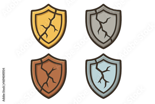 A set of cracked shield icons for game UI. Broken defense or protection symbol. Metaphor for vulnerability, risk, or failure. Vector collection of gold, silver, bronze shields.