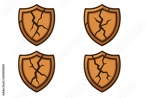 Cracked shield icon set vector illustration. Broken wooden defense symbol for game UI. Damaged protection concept. Metaphor for vulnerability, risk, low health, failure.