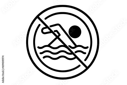 No swimming sign vector icon. Warning symbol for water safety. Danger of drowning pictogram. Prohibition and restriction for beach, pool, sea, and lake. Forbidden area