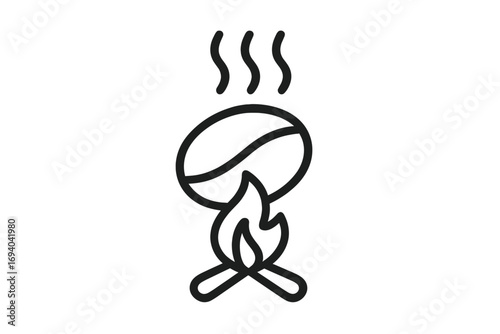 Roasting coffee bean over fire line icon. Hot steam aroma concept. Minimalist symbol for cafe, barista, menu. Fresh roast, caffeine, espresso. Vector logo for web, app.