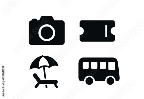 Travel icons set: camera, ticket, umbrella chair, bus silhouette illustrations