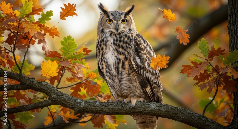 Obraz premium An owl with yellow eyes and ear tufts perches on a tree branch surrounded by colorful autumn leaves in yellow orange and green with several leaves falling