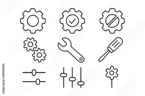 Mechanism and Settings Icon Collection, Simple Line Art Vector with Editable Stroke, Gear, Wrench, Screwdriver Symbols for Web Design, Apps, Interface, Tools Illustration
