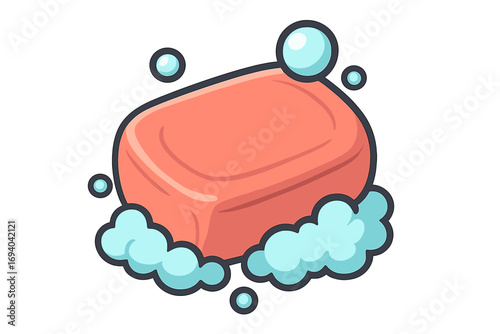 Soap bar with bubbles and sudsy foam vector icon. Cleanliness and hygiene concept for hand washing, body care. Bathroom skincare product cartoon illustration graphic.