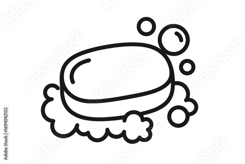 Soap bar icon with bubbles vector illustration. Line art symbol for hygiene, cleaning, and washing. Concept for sanitation, personal care, bathroom, and health. Cleanliness pictogram.