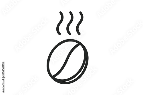 Roasted coffee bean icon with steam. Minimal line art logo symbol for cafe, coffee shop. Fresh hot espresso aroma. Morning energy drink, caffeine beverage concept. Vector.