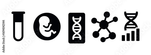 Scientific icons of test tube, embryo, dna helix, molecule, and dna graph