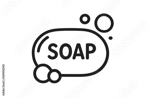 Soap bar icon with bubbles. Simple vector illustration for hygiene and cleanliness. Minimalist outline pictogram for web, graphic design, apps, banners, social media. Lather, suds concept.