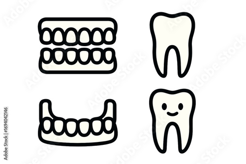 Denture and tooth icon set for dentistry. Dental health care symbol collection. Happy tooth character, human jaw, and molar vector illustration for web, apps, or clinic. Isolated.