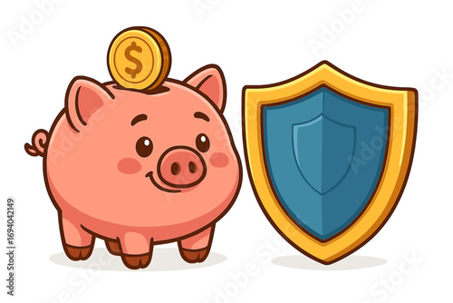 Cute piggy bank with coin and protective shield, financial security concept, money safety illustration, savings protection, cartoon vector for finance posts, ads, cards