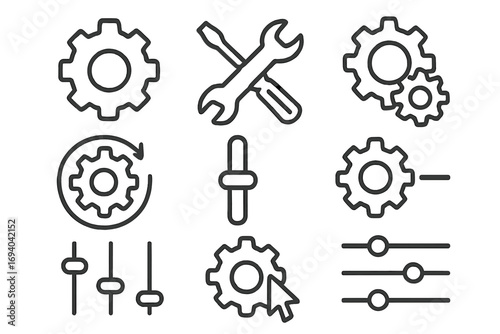 Mechanism and settings simple isolated line icons collection, editable stroke, gear symbols, tools, sliders, adjustments, perfect for web, app, book, card design, vector cartoon illustration