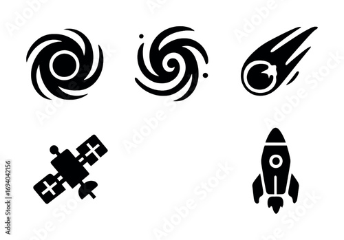 Space icons: black hole, spiral galaxy, meteor, satellite, and rocket illustrations