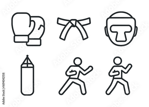Boxing and martial arts icons featuring gloves, karate belt, headgear, punching bag, and fight poses