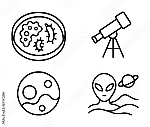 Alien and space exploration elements with telescope and microorganisms