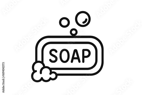 Soap bar line icon with foam and bubbles. Symbol for washing hands, hygiene, and cleanliness. Vector pictogram for sanitation, disinfection, body care, bath, and shower products.