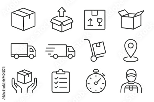 Set of minimalistic line icons of boxes, transportation, delivery service, shipping concepts. Linear vector pictograms for web design, apps, banners, social media, logistics, courier service