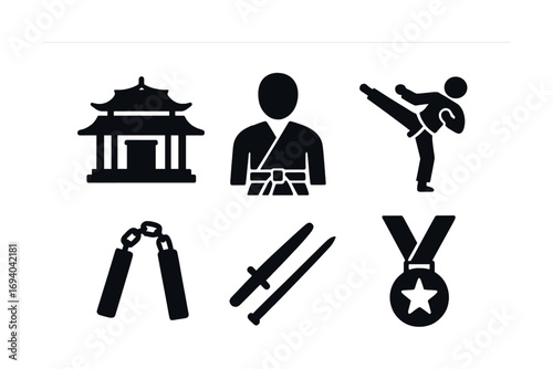 Martial arts icons: karate symbols and equipment featuring kicks, uniform, and weapons
