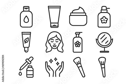 Minimalistic line icons of skincare and beauty products, facial care, cream jars, lotion bottles, serum droppers, makeup brushes, mirror, and hands with sparkles for cosmetic design and apps