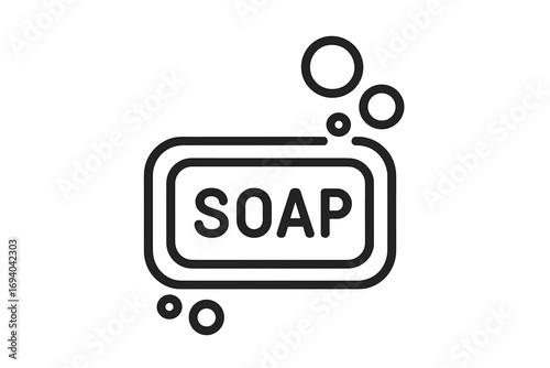Soap bar outline icon with bubbles. Vector illustration for hygiene and cleanliness concepts. Symbol for washing, sanitation, and personal care. Simple graphic for web design.