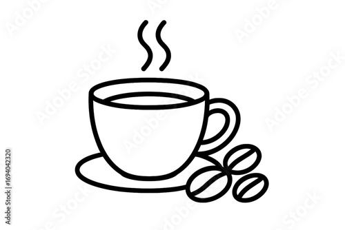 Coffee cup icon with steam and beans. Vector outline illustration for cafe menu, logo, web design. Hot drink symbol for coffee shop, restaurant, morning beverage, caffeine.