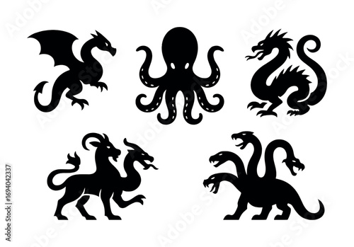 Silhouettes of mythical creatures: dragon, octopus, sea serpent, chimera, hydra