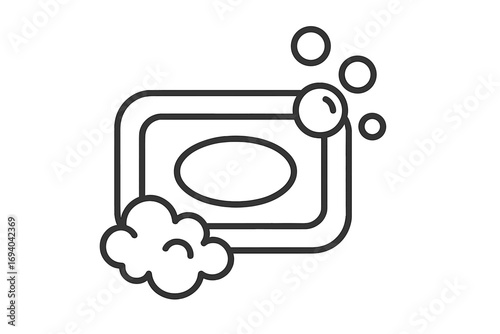Soap bar line icon with foam and bubbles. Symbol for washing, hygiene, cleanliness. Vector illustration for skincare, bathroom, sanitation concept. Body care pictogram.
