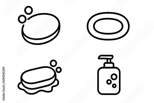 Soap icon set. Simple thin line art for web and apps. Vector cartoon illustration. Bar soap, liquid soap dispenser, bubbles, lather, hygiene, cleaning, wash, bathroom symbols.