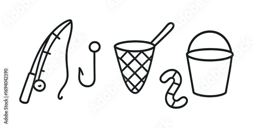 Fishing and beach essentials: rod, hook, net, bait, and bucket outline icons