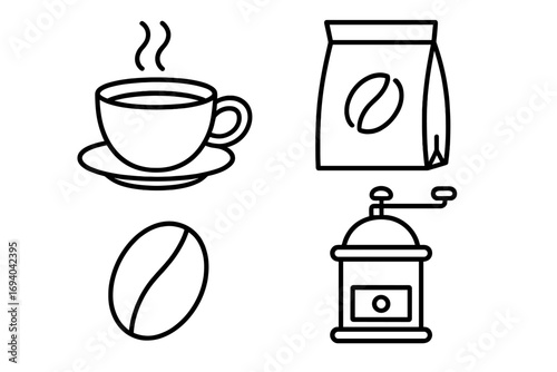 Coffee line icon collection. Vector symbols of cup, bean, grinder, bag for cafe menu design. Simple outline graphic set for brewing concept. Minimalist pictogram illustration.
