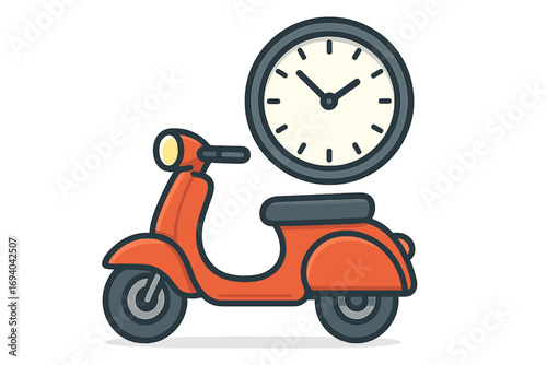 Fast delivery service by scooter. Express shipping concept with clock for on-time transport. Deadline and time management metaphor. Vector icon for logistics and courier.