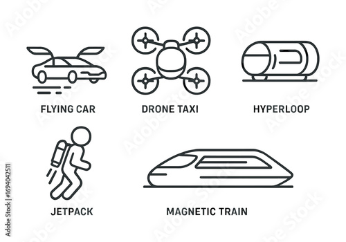 Future transportation concepts: flying car, drone taxi, hyperloop, jetpack, magnetic train