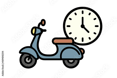 Fast delivery service with scooter and clock. Metaphor for on-time shipping and express transport. Moped vector icon for logistics, websites, and food delivery apps. Punctual.