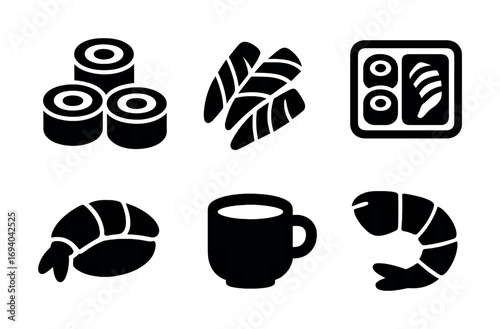 Sushi icons collection: rolls, nigiri, bento, tea, shrimp silhouettes