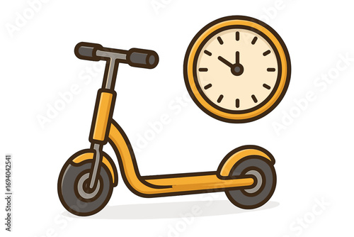Electric scooter rental time. Fast delivery service icon. Quick urban transport concept. E-scooter and clock sign for punctuality. Eco-friendly travel vector illustration.