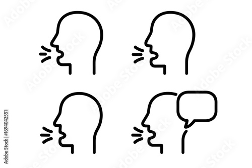 Set of speaking head icons. Man profile outline symbol. Communication, talking, voice, speech, dialogue concepts. Minimal linear vector illustration for web, apps, signs.