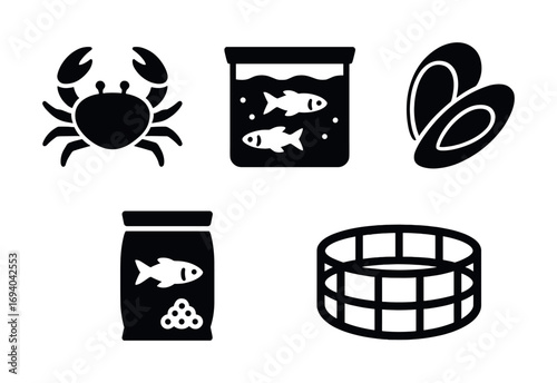 Aquaculture elements: icons of crab, fish tank, mussels, fish feed, fish farm