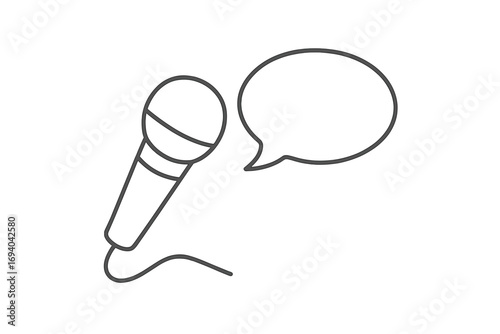 Microphone and speech bubble vector line icon. Concept for podcasting, interview, public speaking, voice recording, announcement. Simple minimalist audio broadcast communication symbol.
