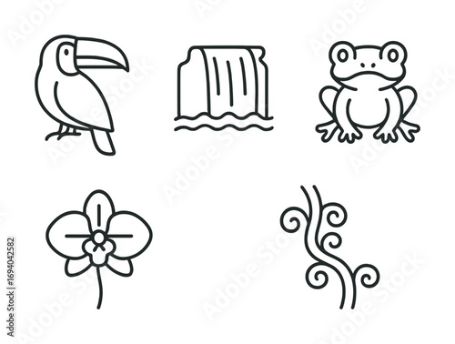 Tropical icons: toucan, waterfall, frog, orchid, jungle pattern