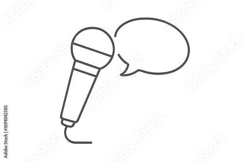 Microphone with speech bubble line icon. Concept of interview, podcast, announcement, or public speaking. Voice recording, broadcasting, and communication symbol. Simple vector.